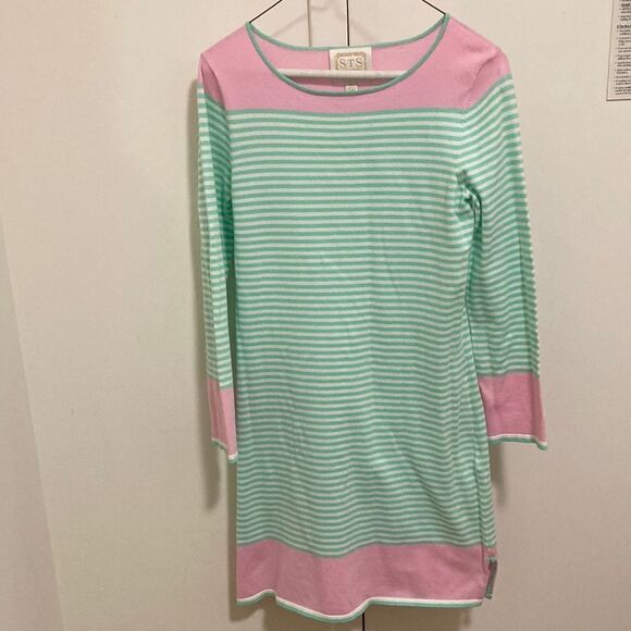 Sail To Sable Cotton Blend Knit Dress with Long Sleeves. Mint green/pink stripe. - Picture 1 of 8